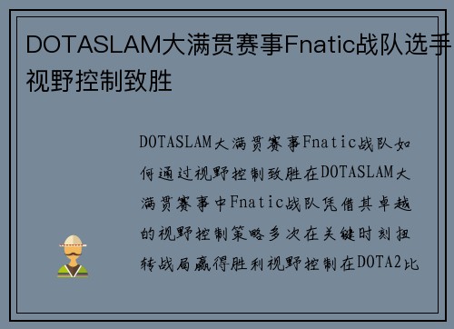 DOTASLAM大满贯赛事Fnatic战队选手视野控制致胜