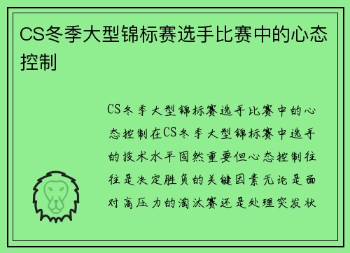 CS冬季大型锦标赛选手比赛中的心态控制