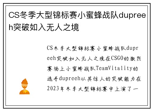 CS冬季大型锦标赛小蜜蜂战队dupreeh突破如入无人之境